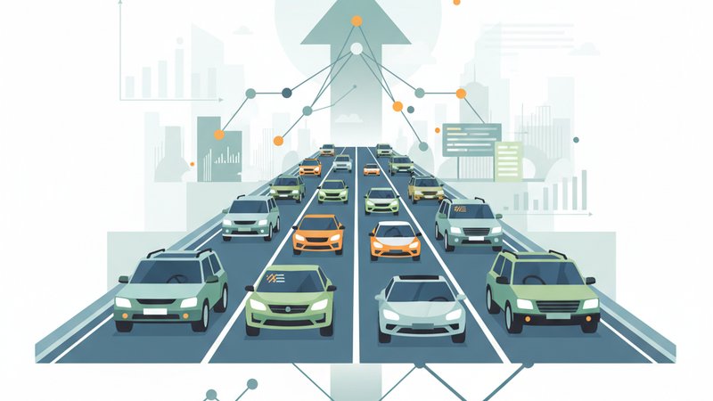 Современная иллюстрация на тему автомобилей с пробегом от дилеров, тренды рынка 2026 года.