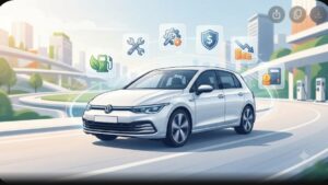 Современная иллюстрация автомобиля Volkswagen Golf для статьи о расчетах стоимости владения в 2026 году