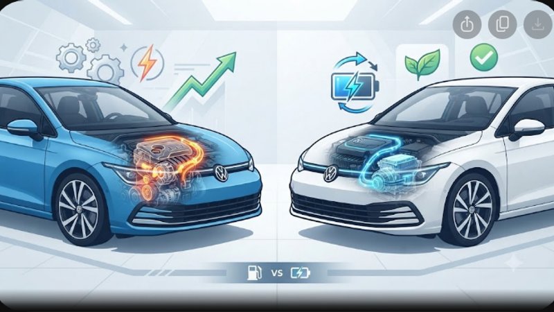 Современная иллюстрация автомобиля Volkswagen Golf для статьи о выборе надежного двигателя в 2026 году